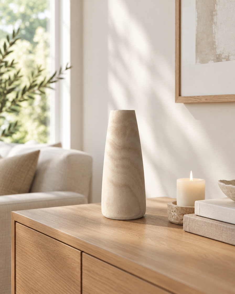 Tapered Natural Wood Vase on a console table