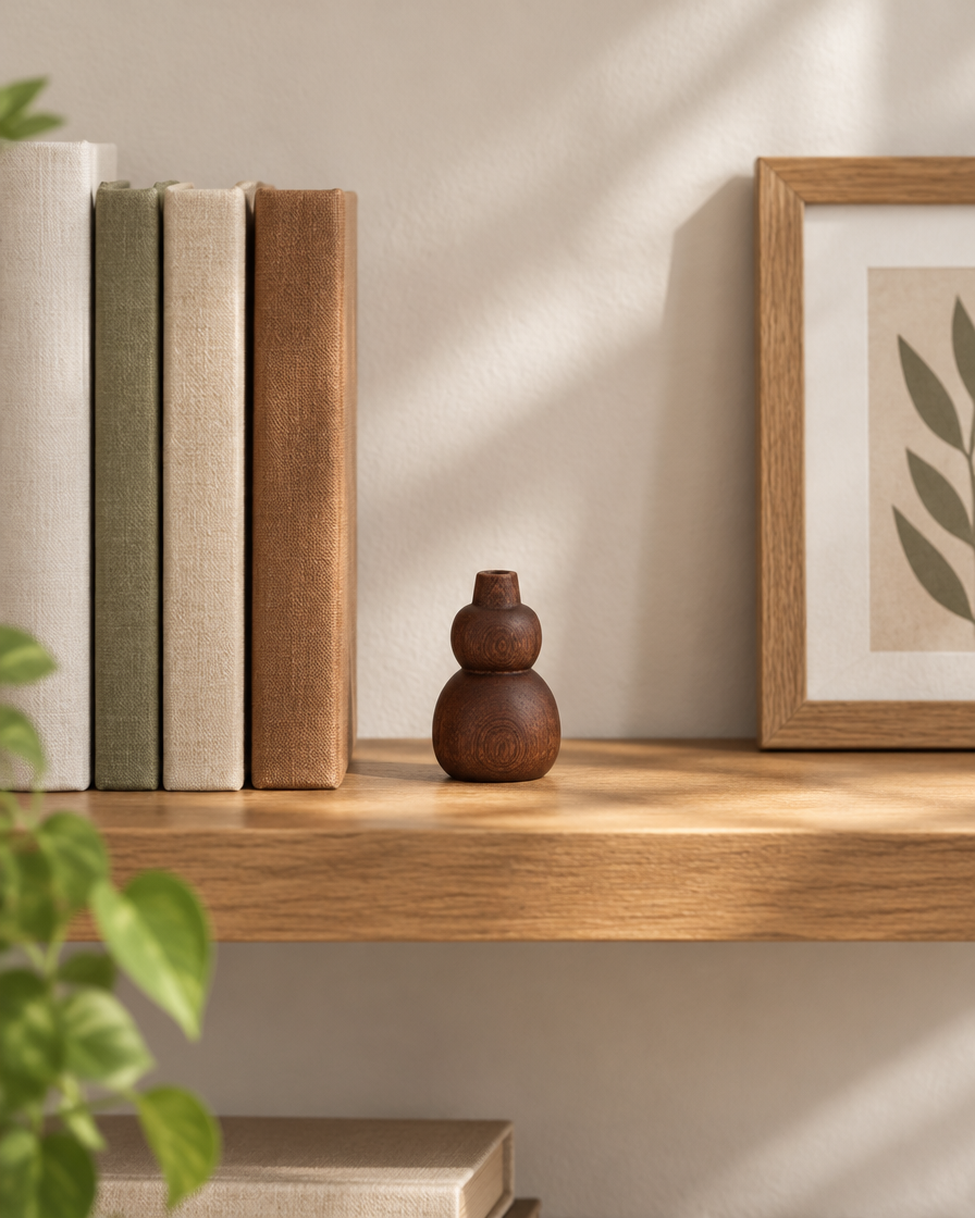 Mini Dark Wood Gourd Bud Vase on a wooden shelf