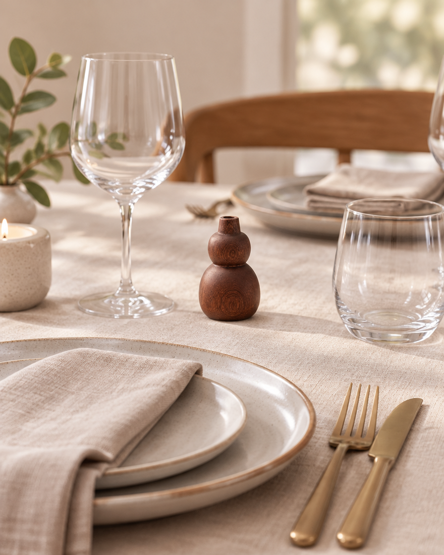 Mini Dark Wood Gourd Bud Vase on a dining table