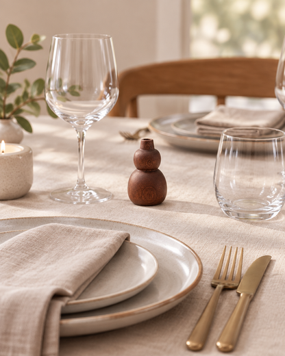 Mini Dark Wood Gourd Bud Vase on a dining table