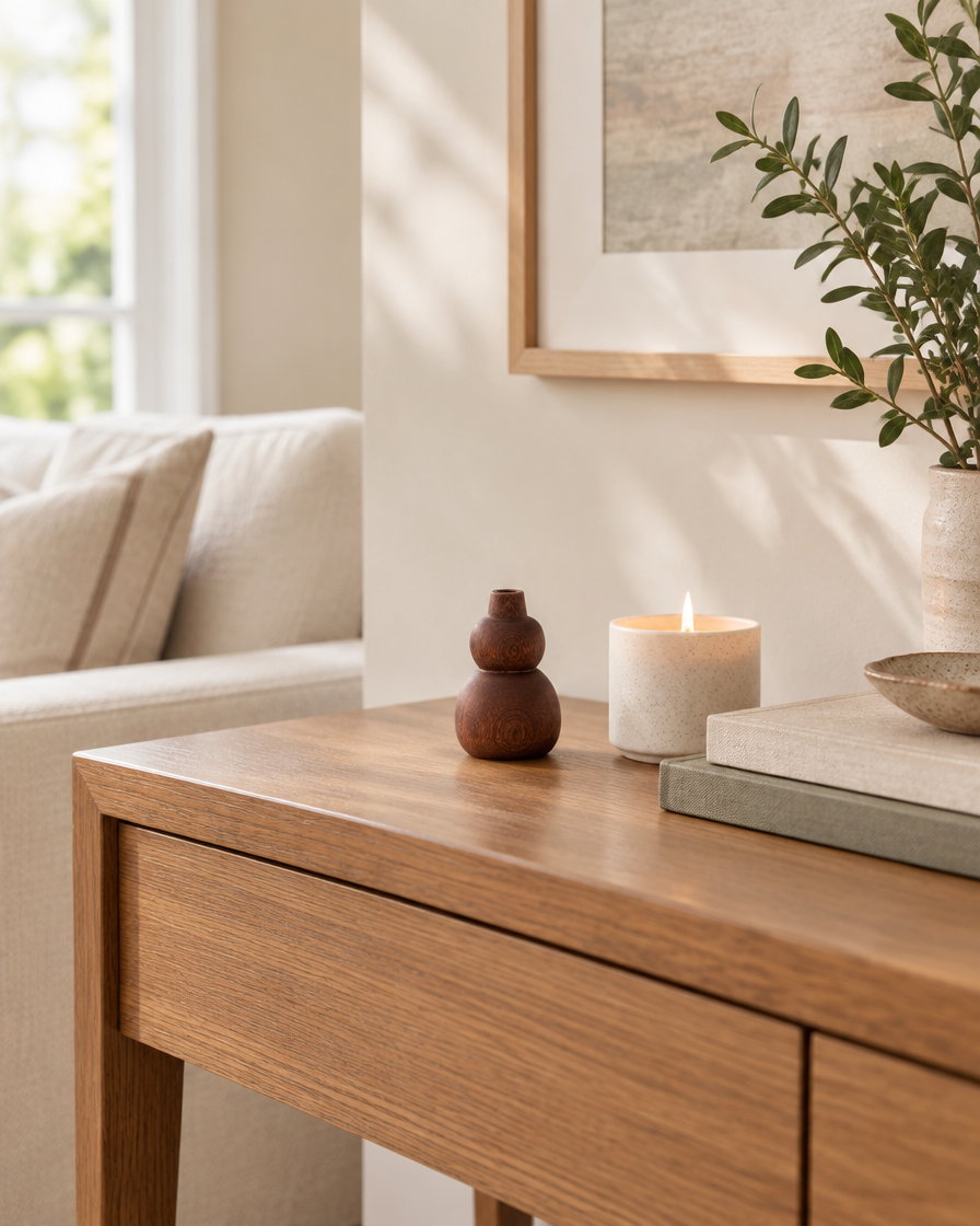 Mini Dark Wood Gourd Bud Vase on a console table
