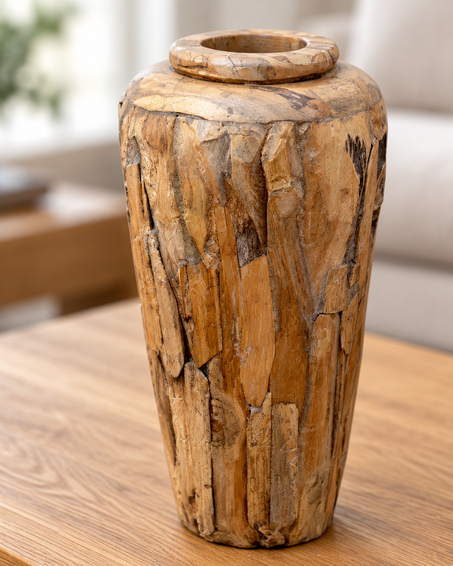 Close-up of the finish of the tall natural wood patchwork floor vase