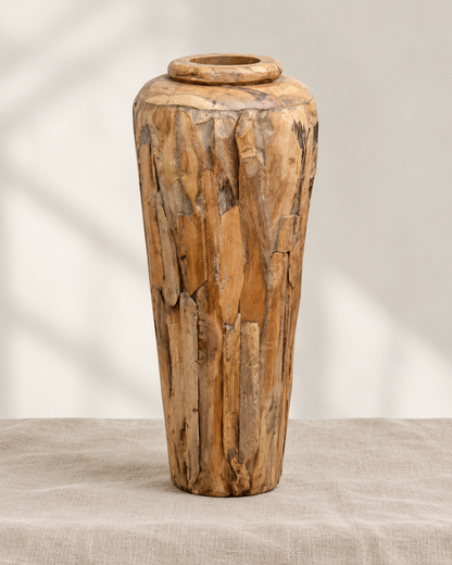 Tall Natural Wood Patchwork Floor Vase, shown alone on a linen background