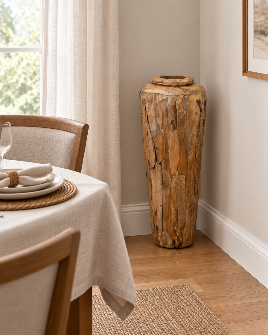 Tall Natural Wood Patchwork Floor Vase in a dining room corner