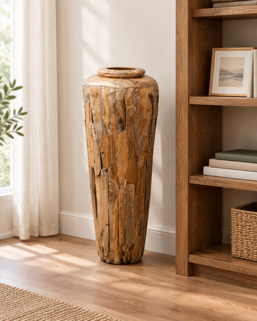 Tall Natural Wood Patchwork Floor Vase beside a wooden shelf