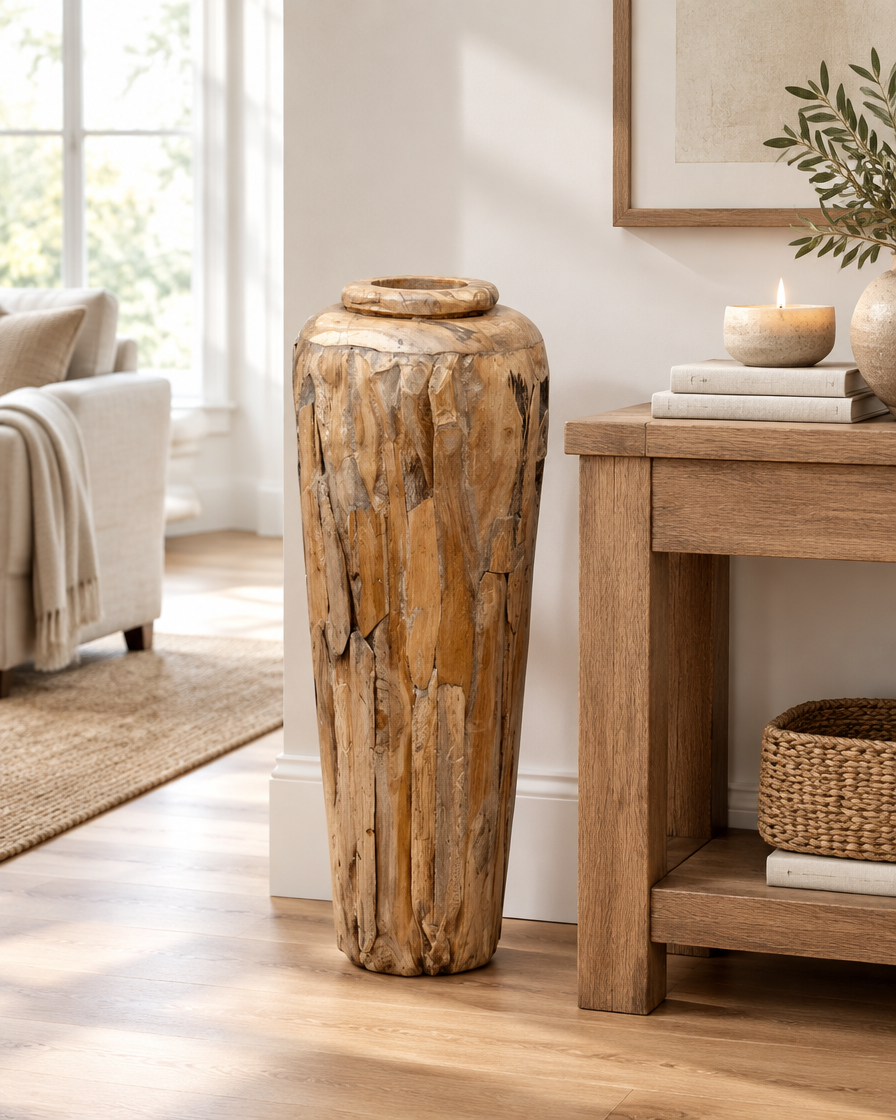 Tall Natural Wood Patchwork Floor Vase next to a console table
