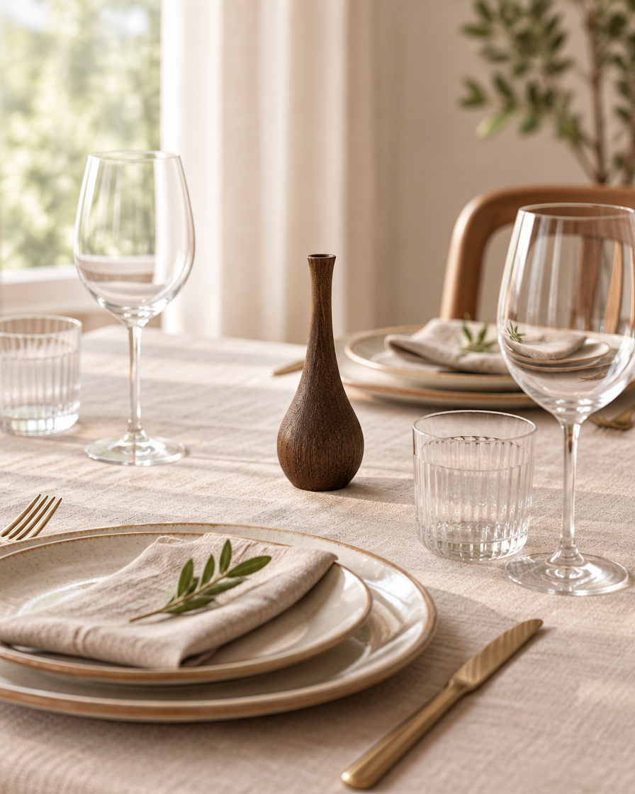 Slim Dark Wood Bottle Vase on a dining table
