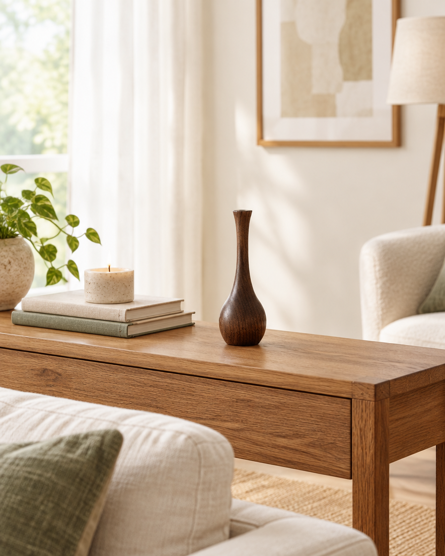 Slim Dark Wood Bottle Vase on a console table
