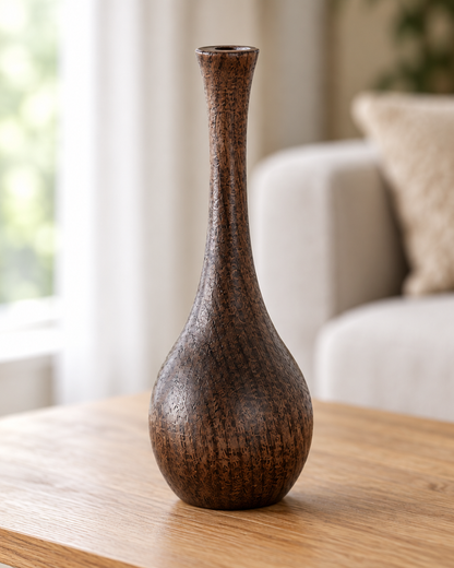 Close-up of the finish of the slim dark wood bottle vase