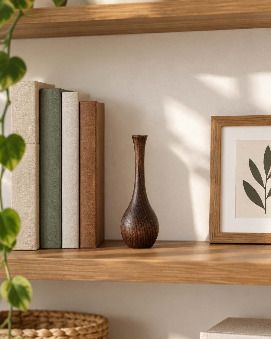 Slim Dark Wood Bottle Vase on a wooden shelf