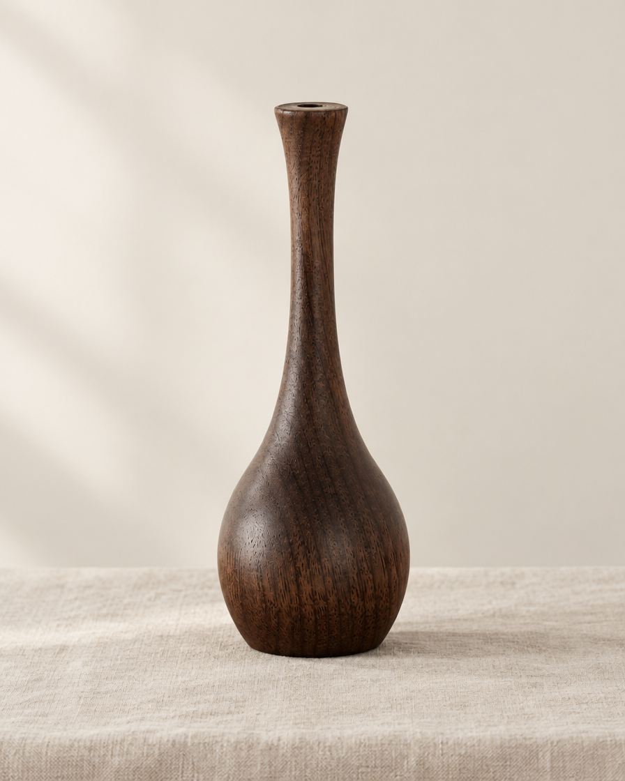 Slim Dark Wood Bottle Vase, shown alone on a linen background