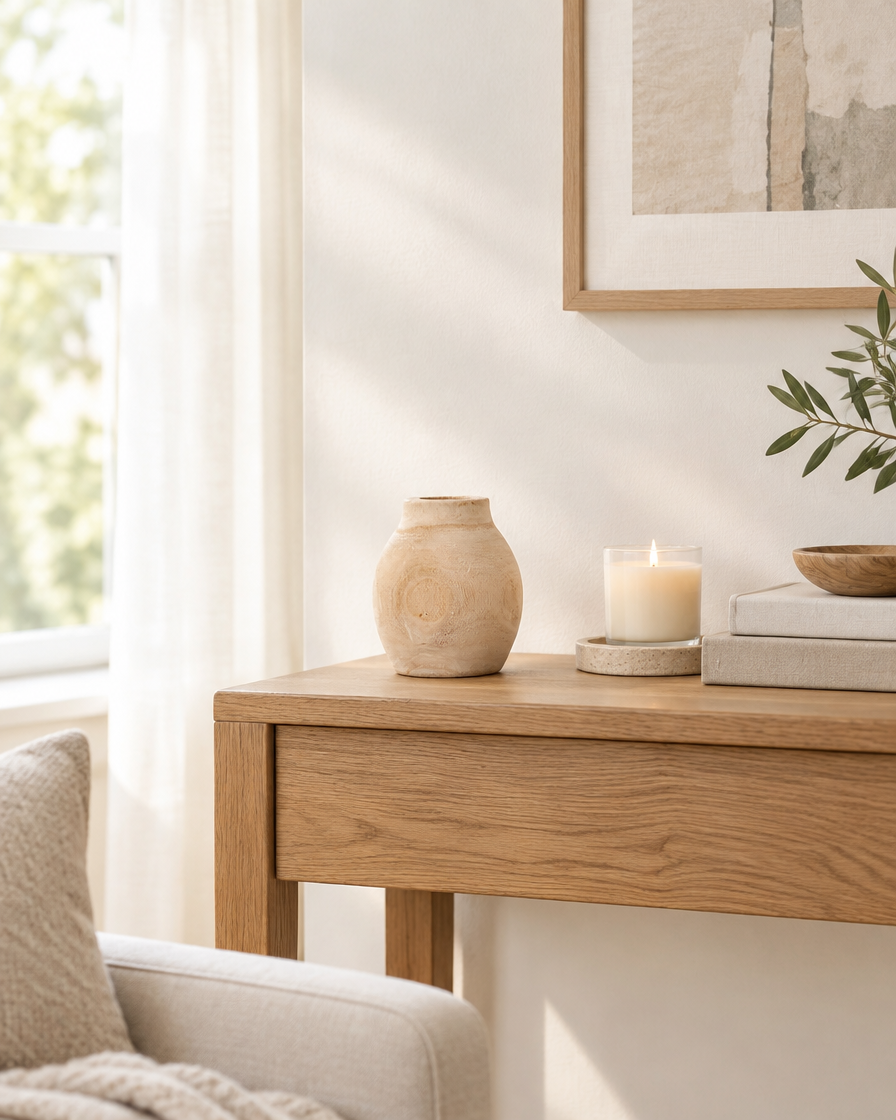 Round Natural Wood Vase on a console table