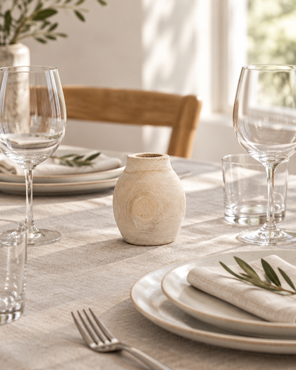 Round Natural Wood Vase on a dining table