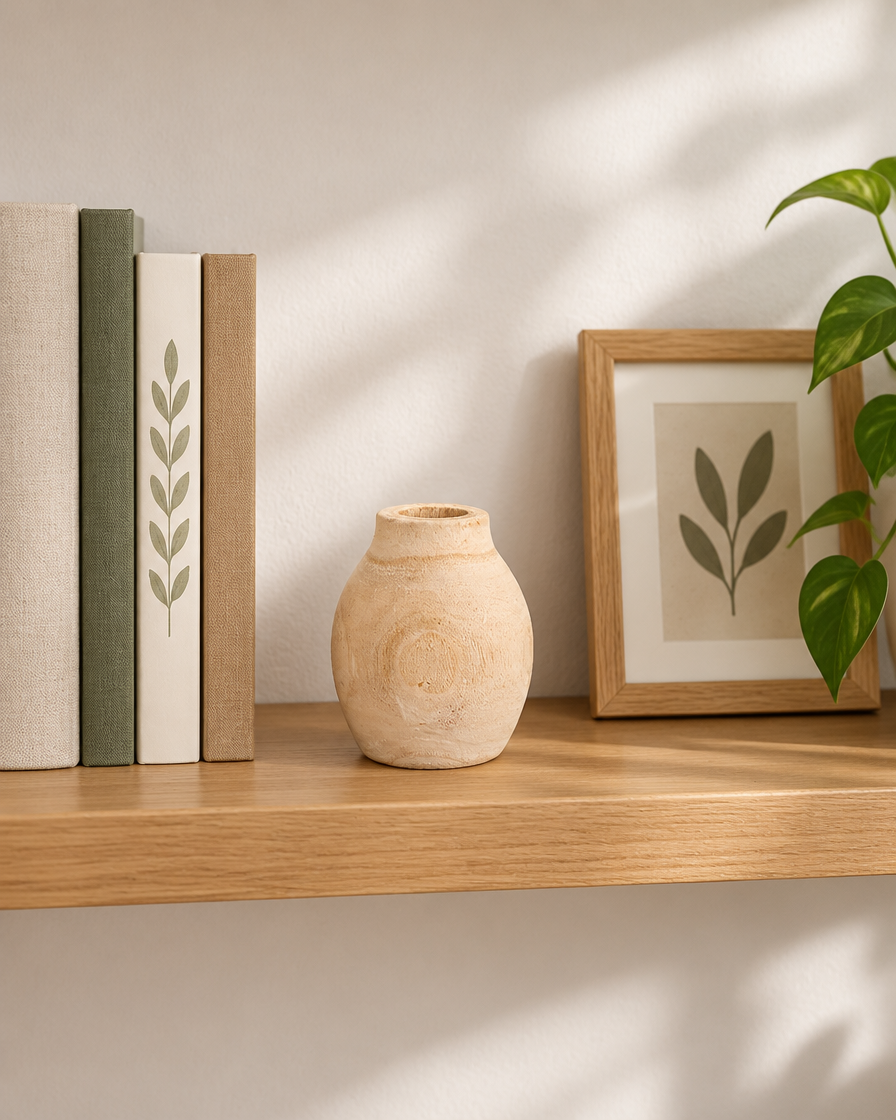 Round Natural Wood Vase on a wooden shelf