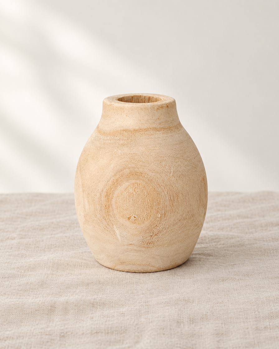 Round Natural Wood Vase, shown alone on a linen background