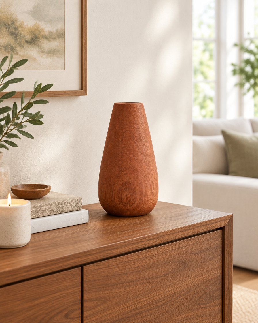 Reddish Brown Wooden Teardrop Vase on a console table