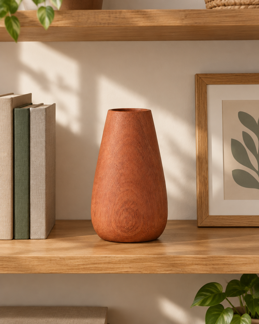 Reddish Brown Wooden Teardrop Vase on a wooden shelf