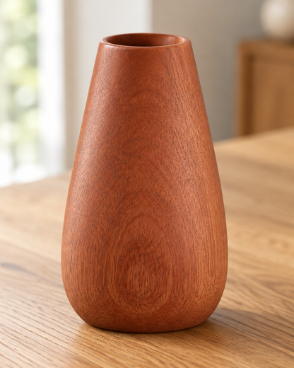 Close-up of the finish of the reddish brown wooden teardrop vase