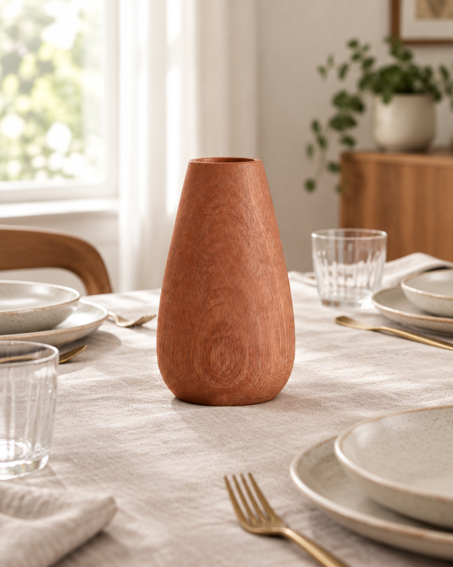 Reddish Brown Wooden Teardrop Vase on a dining table