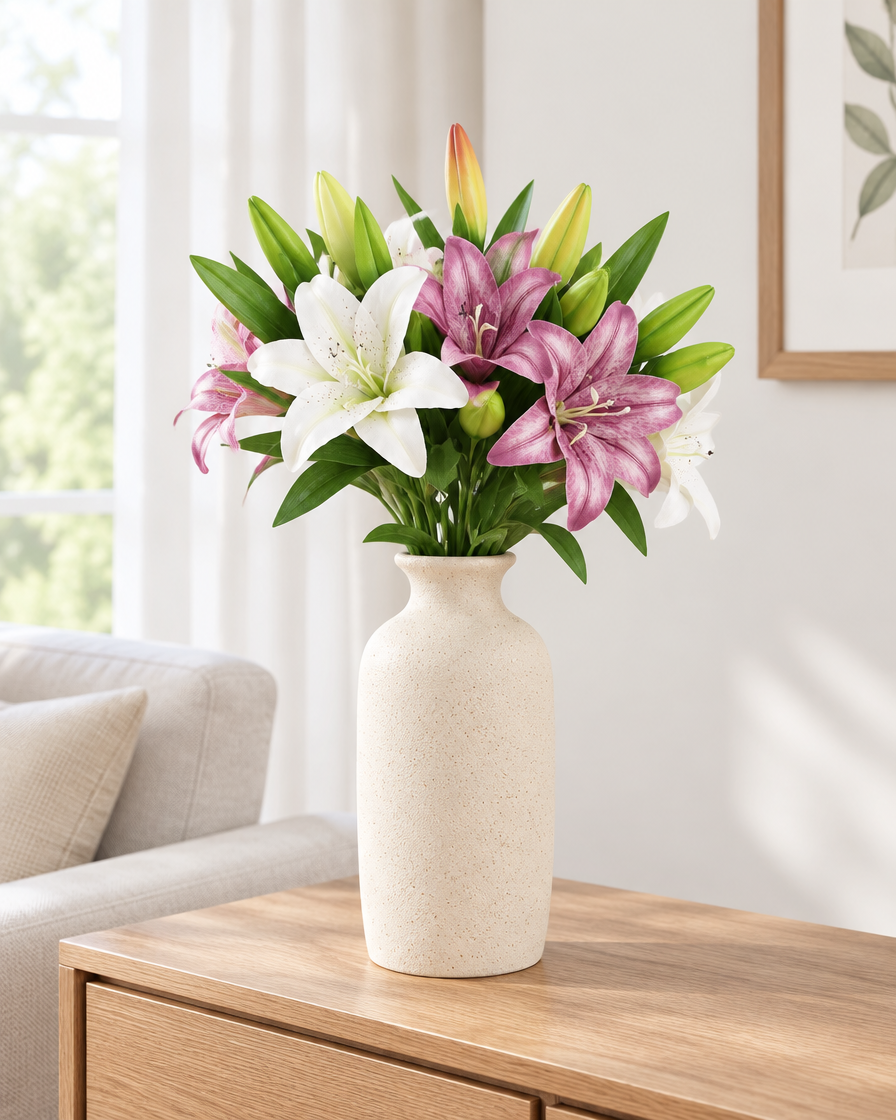 White and Purple Artificial Lily Stems styled in a ceramic vase on a console table (vase sold separately)