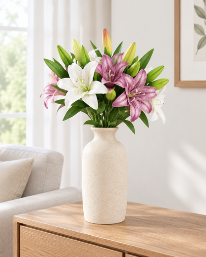 White and Purple Artificial Lily Stems styled in a ceramic vase on a console table (vase sold separately)