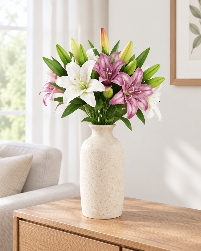 White and Purple Artificial Lily Stems styled in a ceramic vase on a console table (vase sold separately)