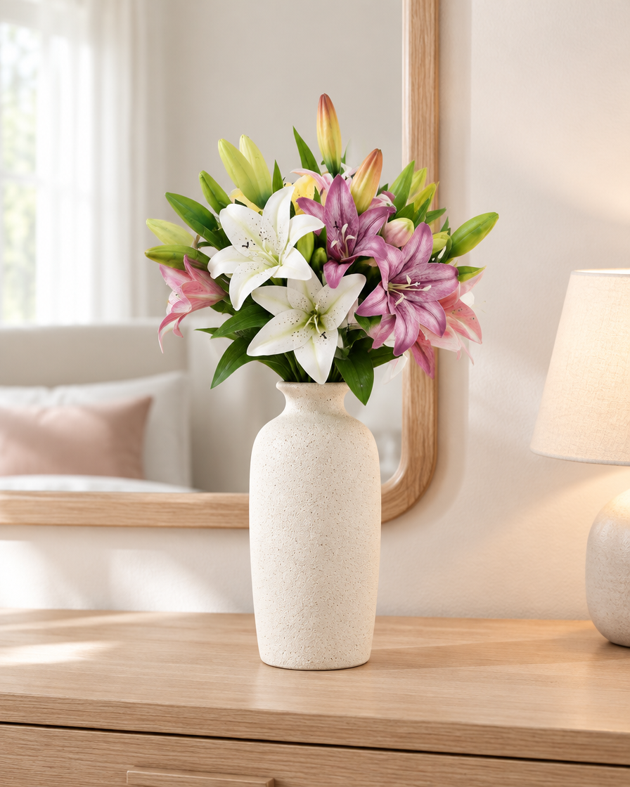White and Purple Artificial Lily Stems styled in a ceramic vase on a dresser (vase sold separately)