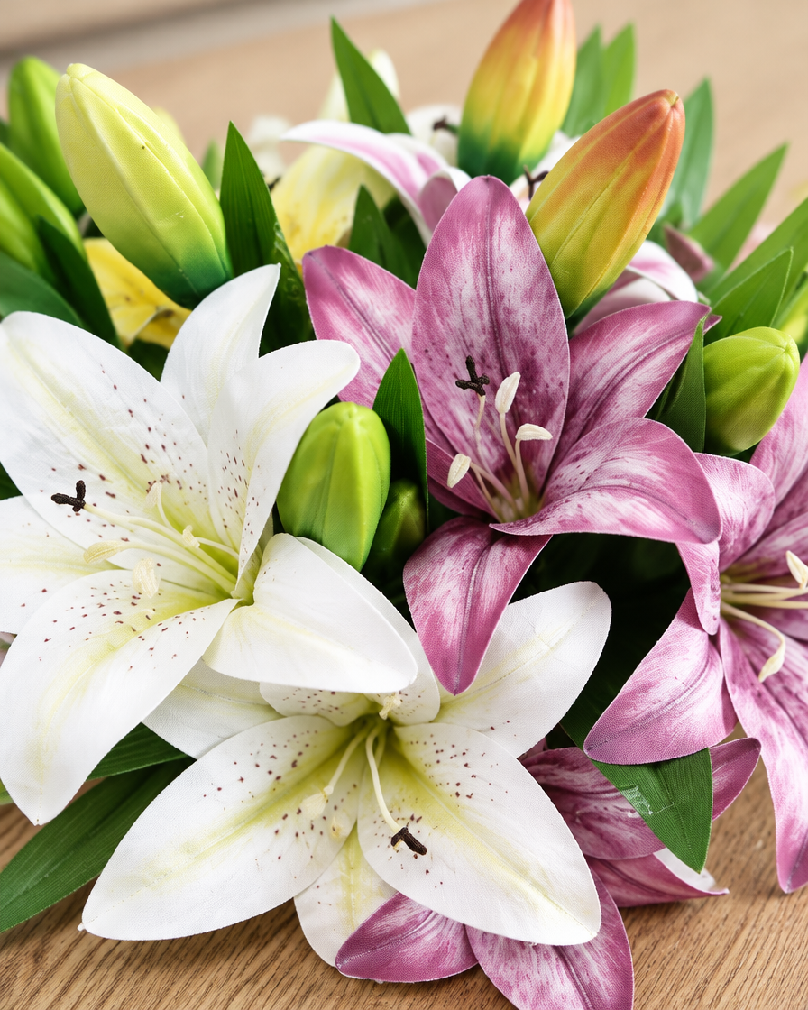 Close-up detail of the white and purple artificial lily stems on an oak table