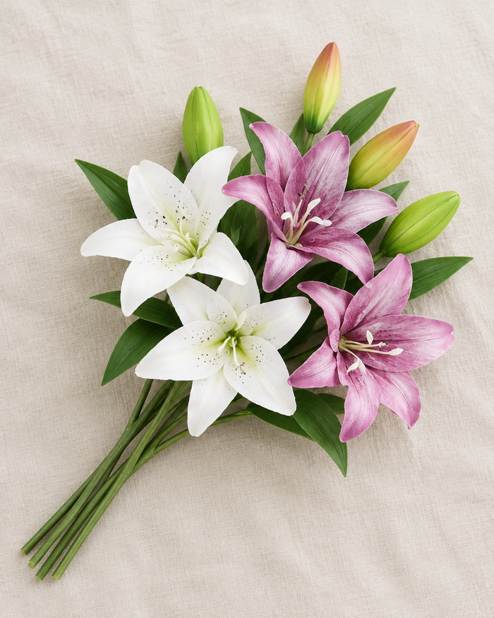 White and Purple Artificial Lily Stems, shown alone on a linen background