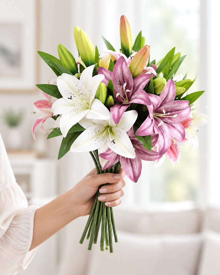 White and Purple Artificial Lily Stems held in a hand