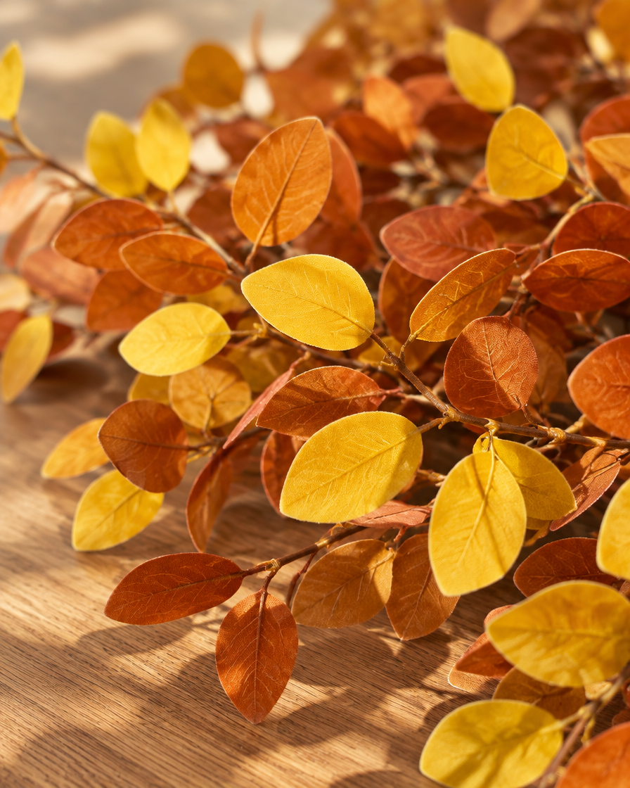 Close-up detail of the rust orange artificial autumn eucalyptus stems on an oak table