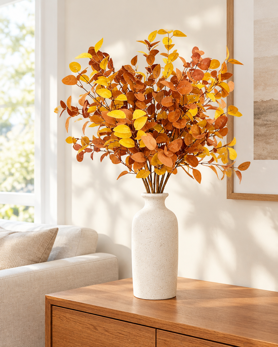Rust Orange Artificial Autumn Eucalyptus Stems styled in a ceramic vase on a console table (vase sold separately)