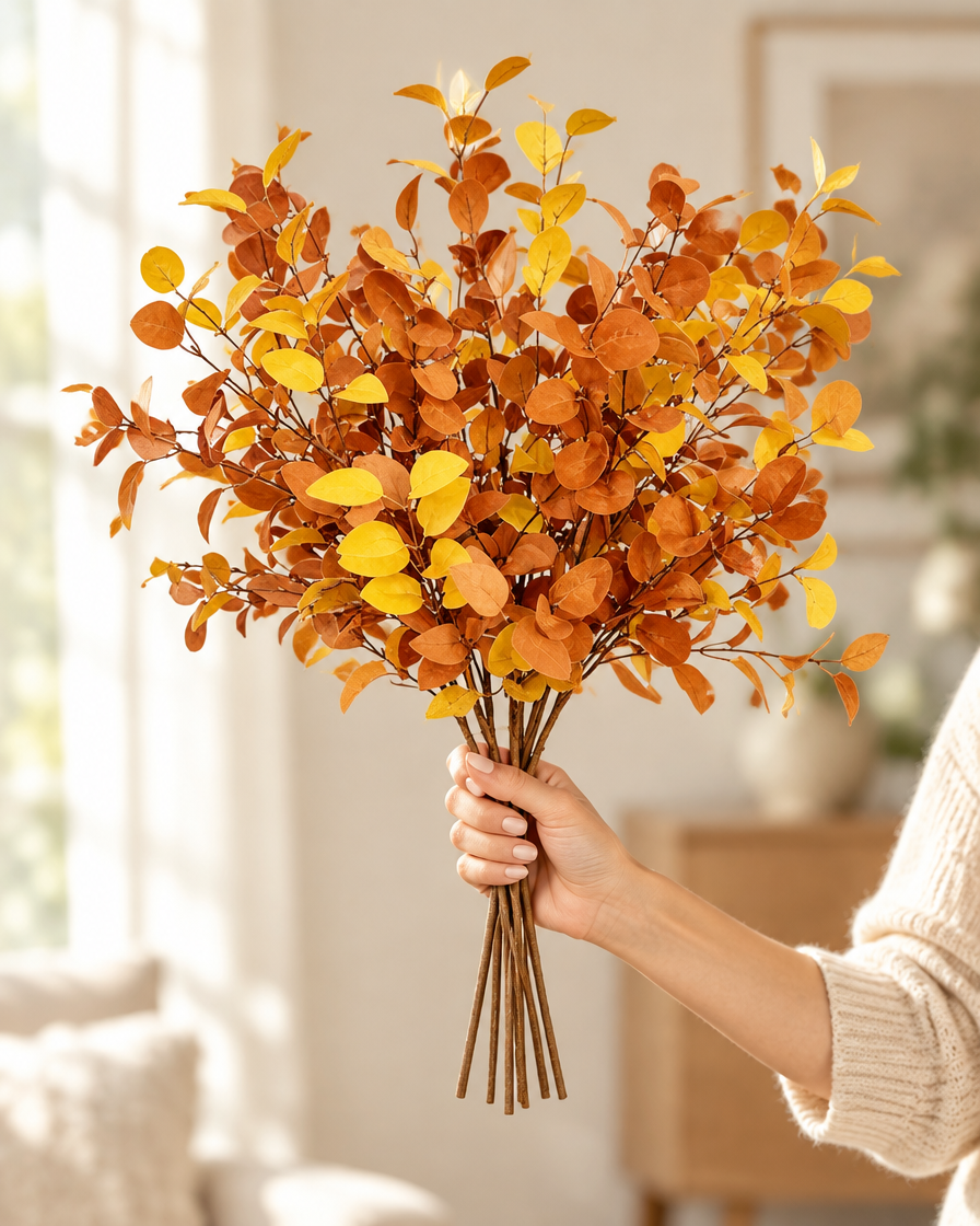 Rust Orange Artificial Autumn Eucalyptus Stems held in a hand