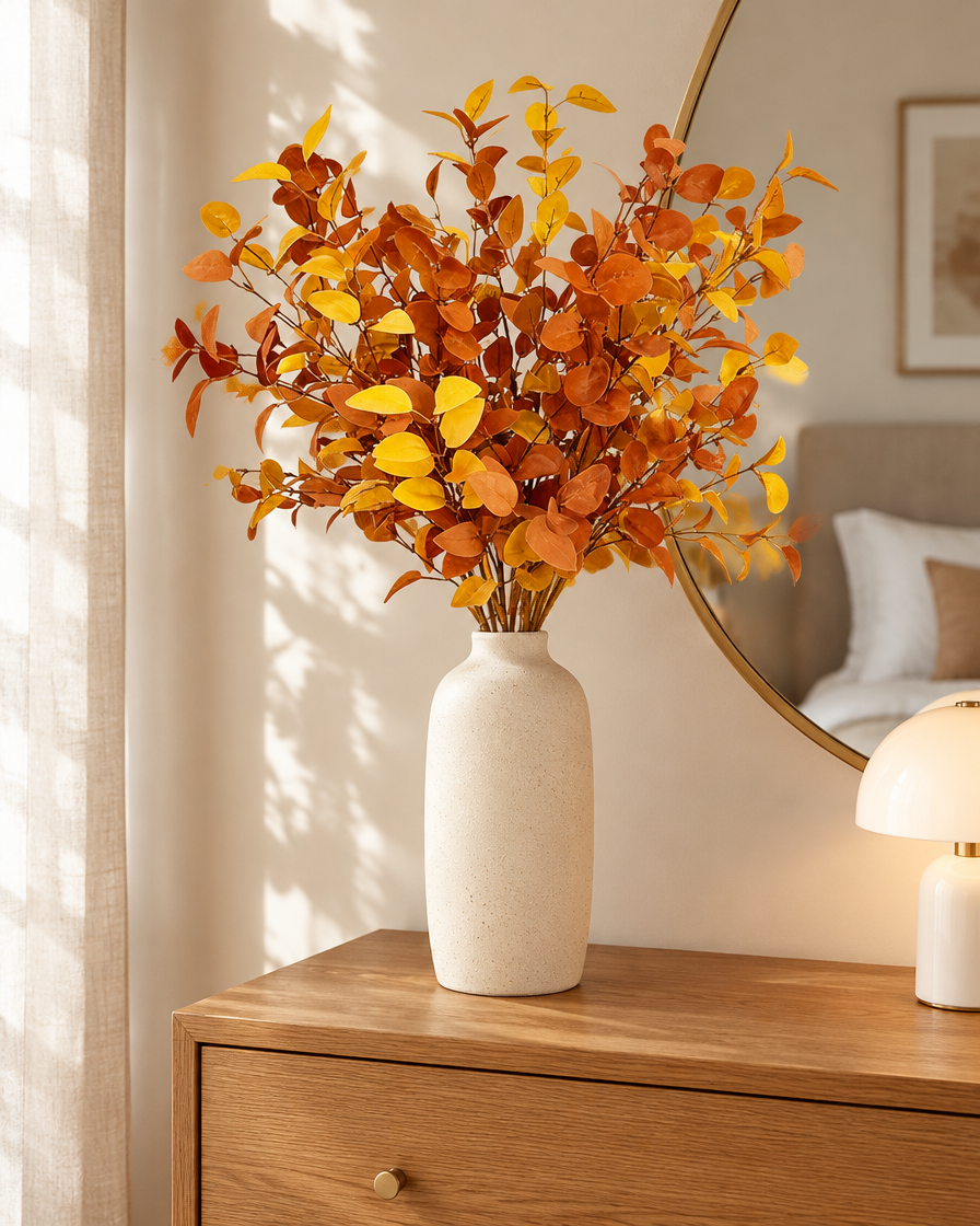 Rust Orange Artificial Autumn Eucalyptus Stems styled in a ceramic vase on a dresser (vase sold separately)