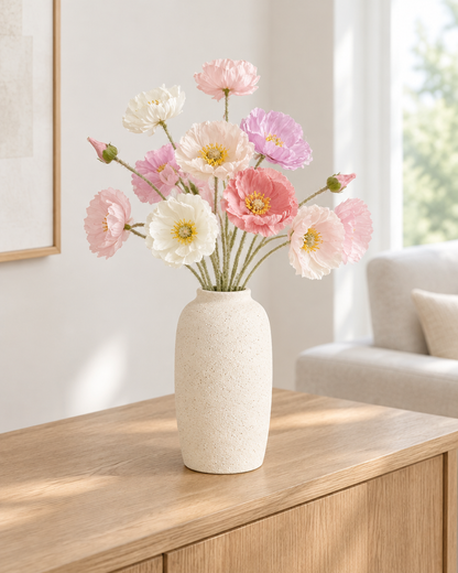 Pastel Mixed Artificial Poppy Stems styled in a ceramic vase on a console table (vase sold separately)