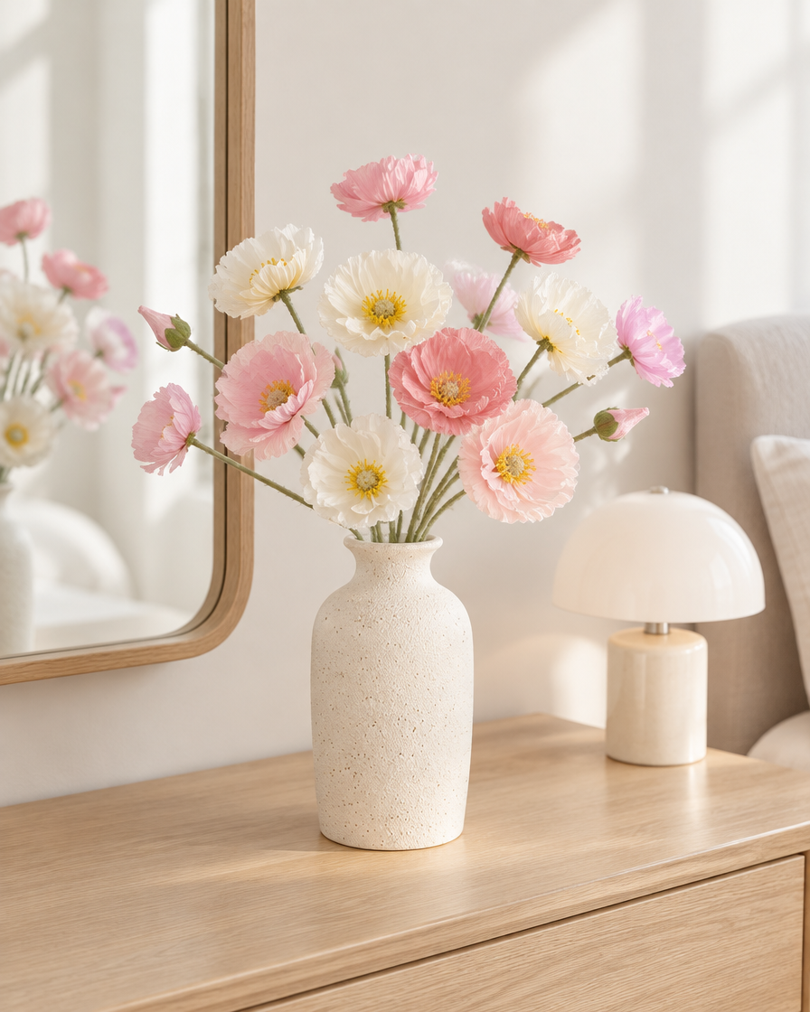 Pastel Mixed Artificial Poppy Stems styled in a ceramic vase on a dresser (vase sold separately)