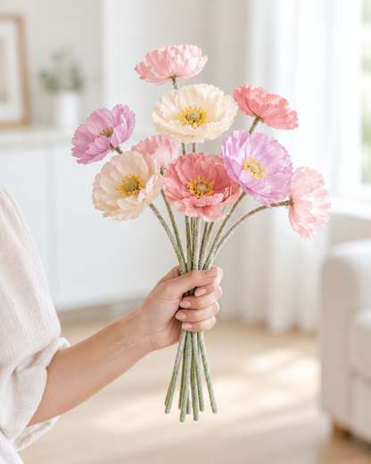 Pastel Mixed Artificial Poppy Stems held in a hand