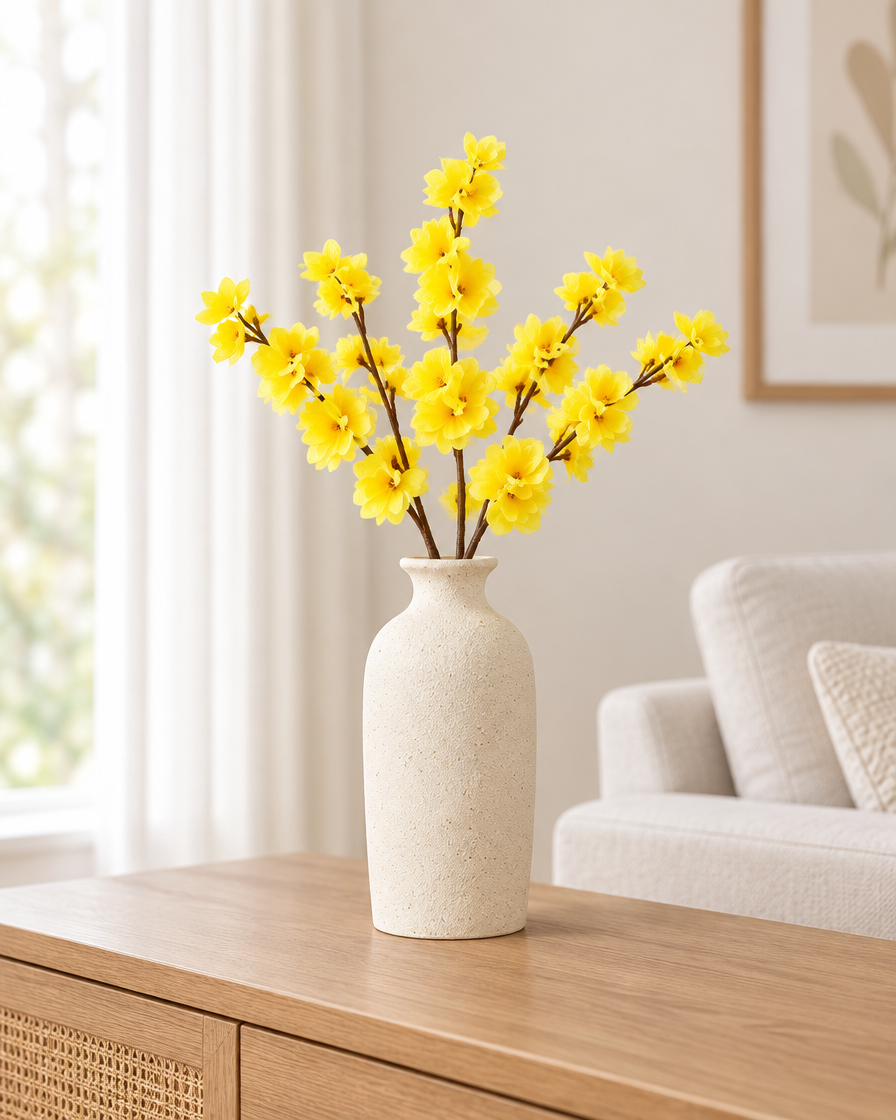 Yellow Artificial Blossom Branches styled in a ceramic vase on a console table (vase sold separately)