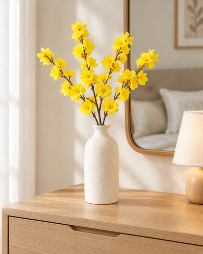 Yellow Artificial Blossom Branches styled in a ceramic vase on a dresser (vase sold separately)