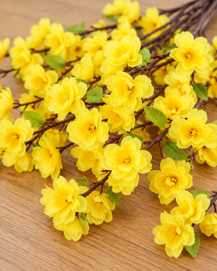 Close-up detail of the yellow artificial blossom branches on an oak table