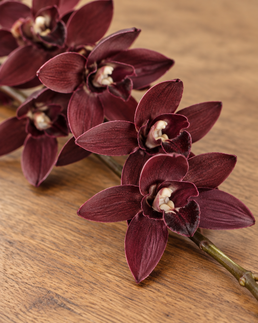 Close-up detail of the burgundy artificial cymbidium orchid stem on an oak table