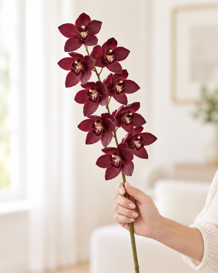 Burgundy Artificial Cymbidium Orchid Stem held in a hand