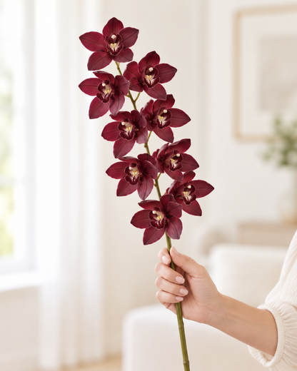 Burgundy Artificial Cymbidium Orchid Stem held in a hand