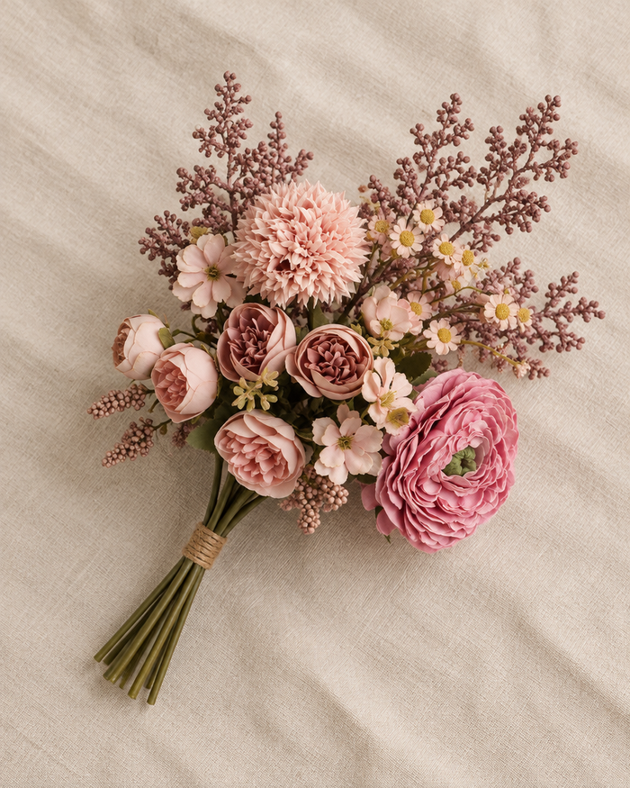 Dusty Pink Artificial Mixed Flower Bouquet, shown alone on a linen background