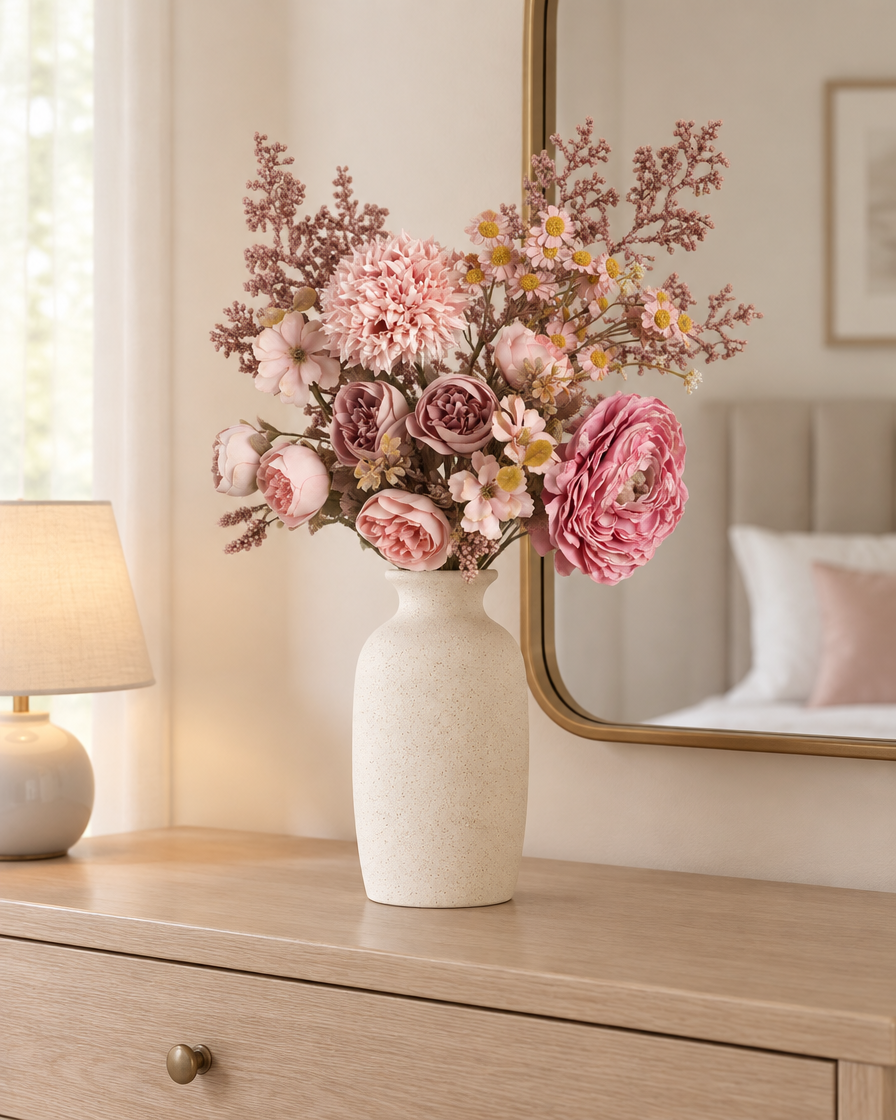 Dusty Pink Artificial Mixed Flower Bouquet styled in a ceramic vase on a dresser (vase sold separately)