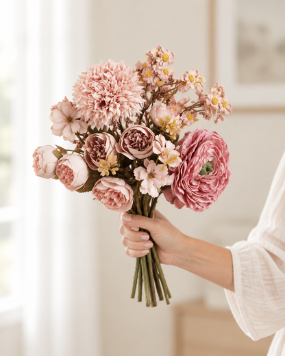 Dusty Pink Artificial Mixed Flower Bouquet held in a hand