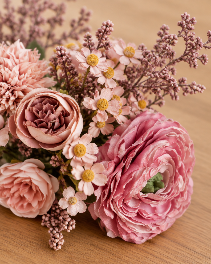 Close-up detail of the dusty pink artificial mixed flower bouquet on an oak table