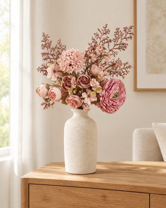 Dusty Pink Artificial Mixed Flower Bouquet styled in a ceramic vase on a console table (vase sold separately)