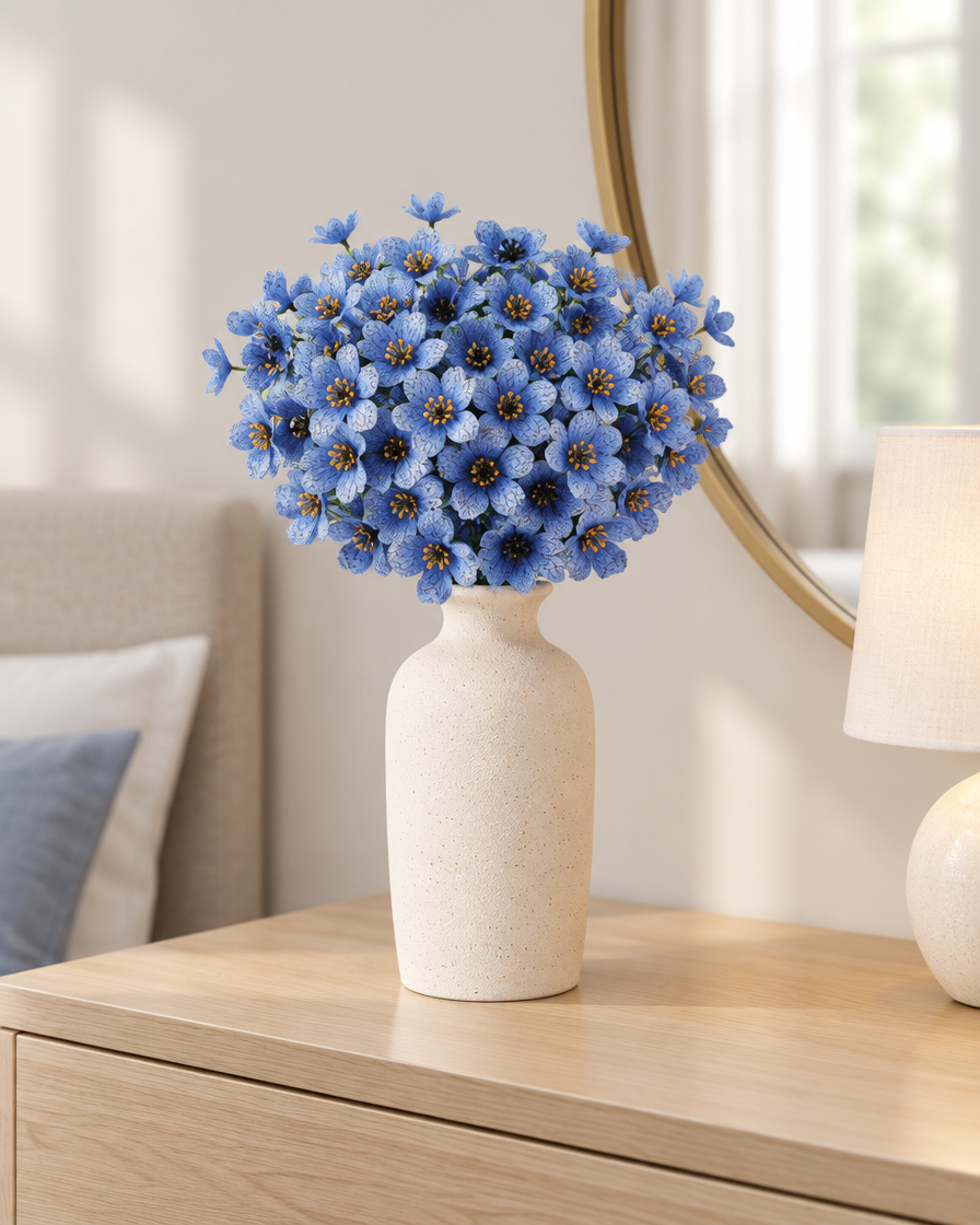 Blue Artificial Flower Bunch styled in a ceramic vase on a dresser (vase sold separately)