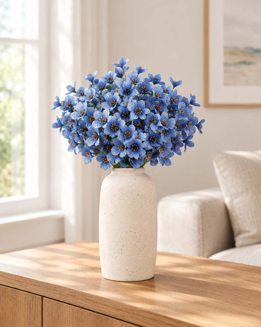 Blue Artificial Flower Bunch styled in a ceramic vase on a console table (vase sold separately)